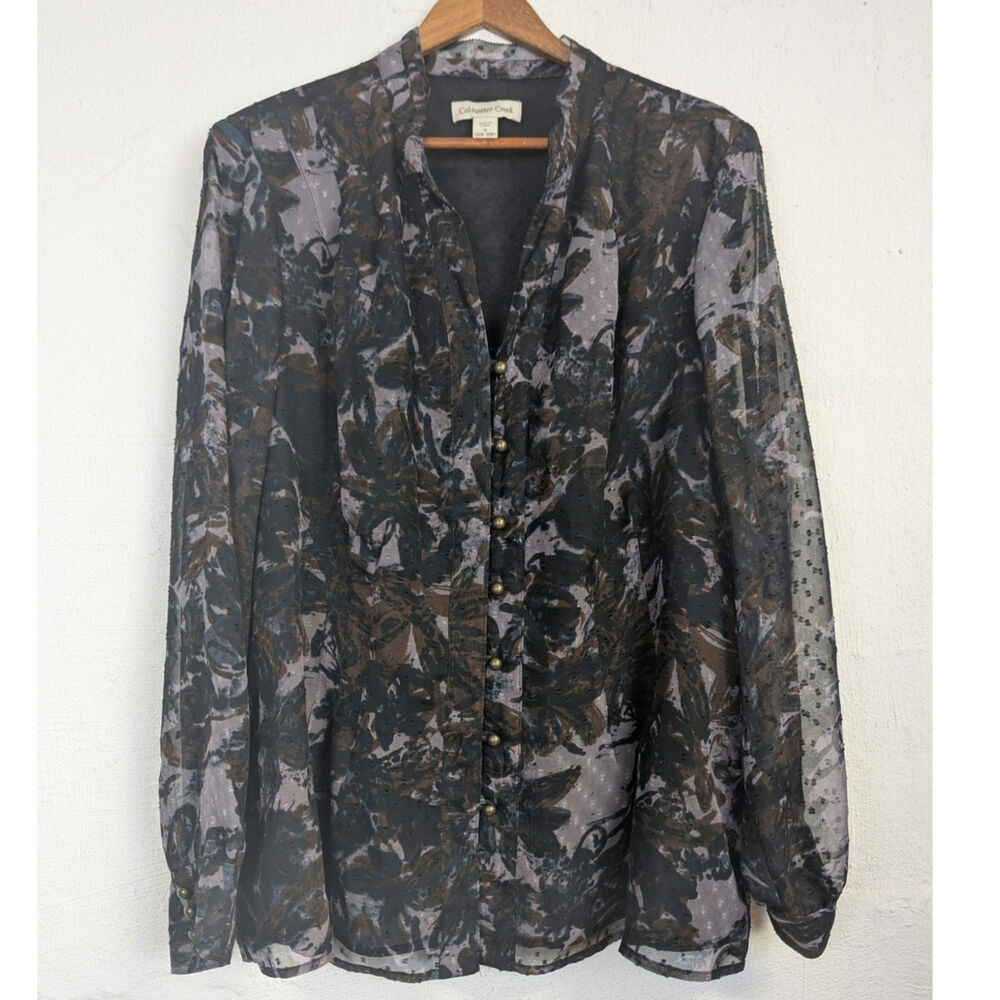 Coldwater Creek Dark Floral Button Up Blouse Artsy Blue Brown Office Womens 1X